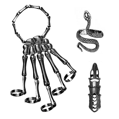 Taichell Skeleton Hand Bracelet Halloween Jewelry Decoration Skull Skeleton Hands with Snake Full Finger Rings for Women Men Punk Goth Bracelets Rings Jewelry Halloween Cosplay - Image 1