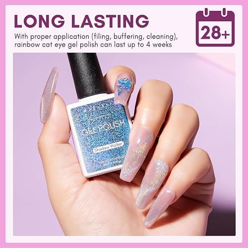Makartt Rainbow Cat Eye Gel Nail Polish: Glitter Universal 9D Holographic Sparkly Soak Off Gel UV/LED Manicure with Magnet Stick for Nail Art Designs 10ml thumbnail 6