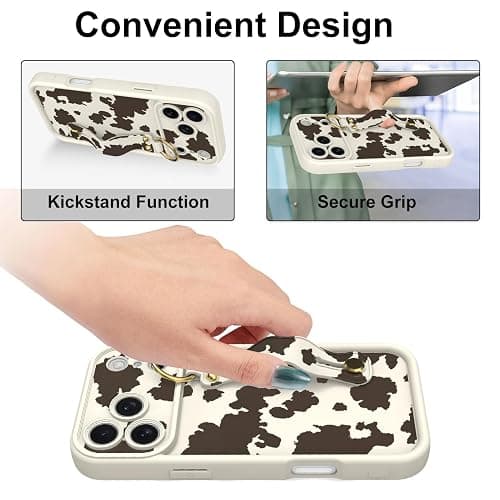 Jefonha Cute for iPhone 17 Pro Max Case with Strap Stand, Brown Milk Cow | Aesthetic Cow Animal Print, Adjustable Finger Hand Grip Holder, Kickstand Function, Durable Silicone Protective Cover thumbnail 4