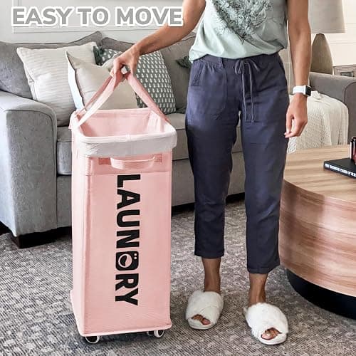 CHICVITA Slim Laundry Hamper with Wheels 75L, Collapsible Rolling Laundry Basket for Living Room, Pink Laundry Hamper for College Dorm thumbnail 2