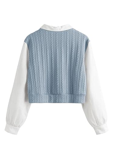 SweatyRocks Women's Collar Long Sleeve Shirt Ribbed Knit 2 in 1 Blouse Crop Top Sweater Shirt Top thumbnail 2