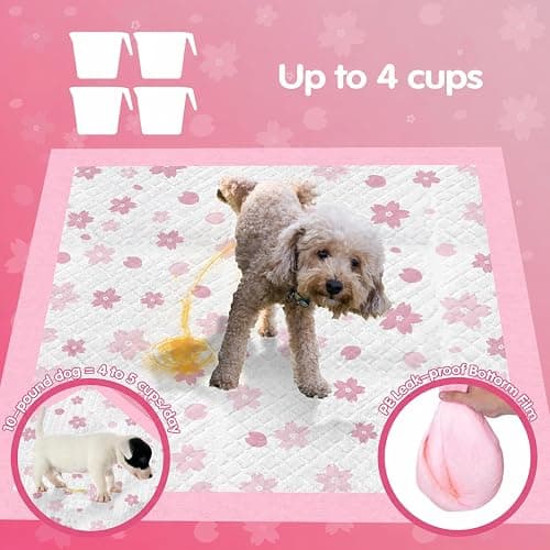 Cibaabo Pink Puppy Pads with Adhesive Tabs 22x22in 50 Count Absorbent | Cute Cherry Blossom Design | Dog Potty Training Pee Pads | Leak-Proof | Quiky-Dry | for Puppies, Small Dogs, Cats, Rabbits thumbnail 4