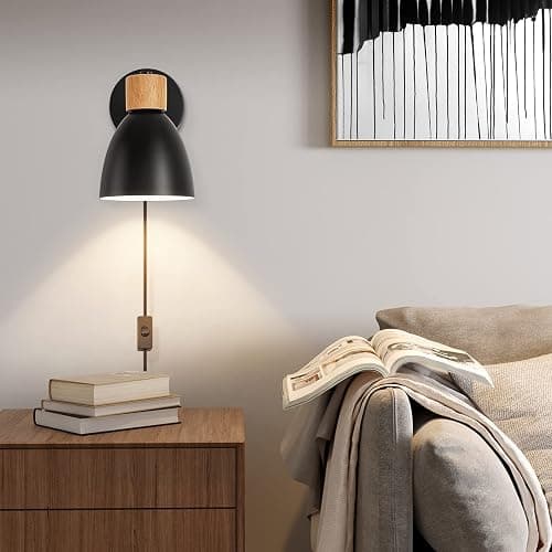 Eyooer Wall Sconces Plug in, Swing Arm Wall Lamp with Power Cord, Black Plug in Wall Lighting Fixtures Set of Two, Bedside Wall Mounted Reading Lamp with Switch, for Bedside Bedroom Hallway thumbnail 2
