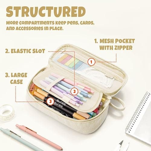SUNEE Cute Pencil Case, Large Capacity Pencil Pouch Aesthetic Zipper Pencil Bag, Big Storage Pen Organizer for Stationery, Soft Corduroy Pencil Box Back to School Supplies for Teen Girls Boys, Beige thumbnail 5