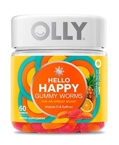 OLLY Hello Happy Gummy Worms, Mood Balance Support, Vitamin D, Saffron, Adult Chewable Supplement, Tropical Zing - 60 Count - Image 1
