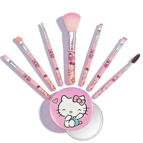 Kawaii Cat 7 PCS Makeup Brushes with A Mirror, Cartoon Cosmetic Makeup Brush Set Professional Tool Kit Set Brush Set Best Gift for Girl Women - Image 1