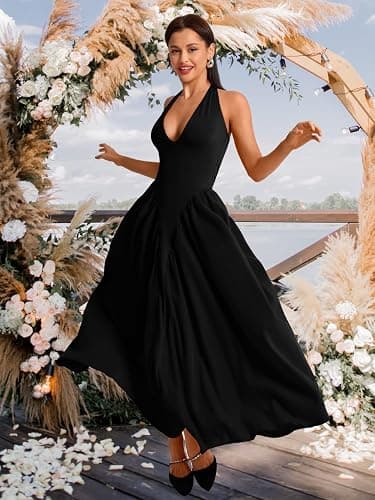 ChiaoLezhee Deep V Neck Dress, Halter Maxi Dresses, Vacation Date Night, Sexy for Women Corset Flowy Wedding Guest Drop Waist thumbnail 2