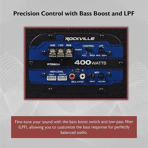 Rockville RTB80A Powered Subwoofer Bass Tube, 8", 400W Peak/200 Watts RMS, Deep Bass, Built-In Amp, Crossover, Vented Enclosure, Perfect for Car Audio thumbnail 6