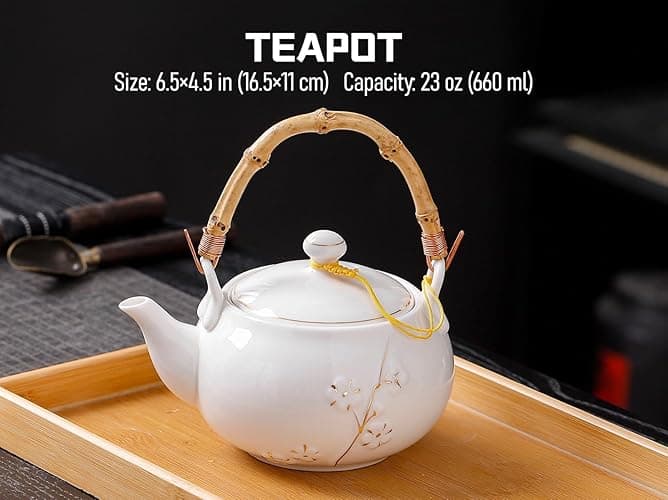 REOWONU Japanese Tea Set, White Porcelain tea set with 1 Teapot(23 oz/660ml), 6 Tea cups(5.3 oz/150ml), 1 Tea Tray, Golden plum blossom relief, Asian tea sets for adults (Golden plum-White) thumbnail 9