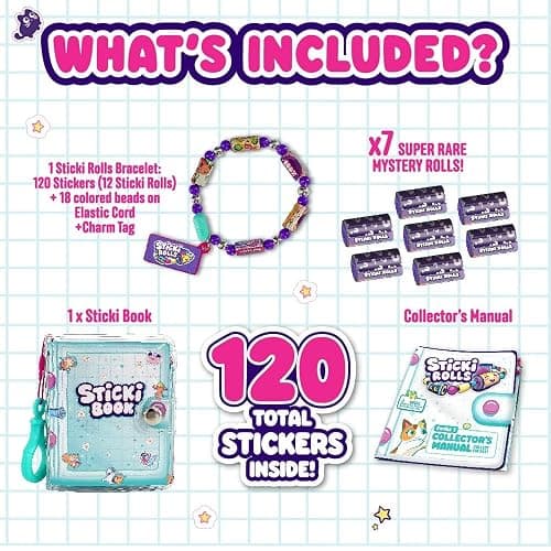 Sky Castle STICKI Rolls Sticki Book - The Original Wearable Shareable Toy Sticker Bracelet + Collection Book | Includes 120 Mini Stickers | Over 1000 Fun Sticker Designs to Collect! (Series 1) thumbnail 4