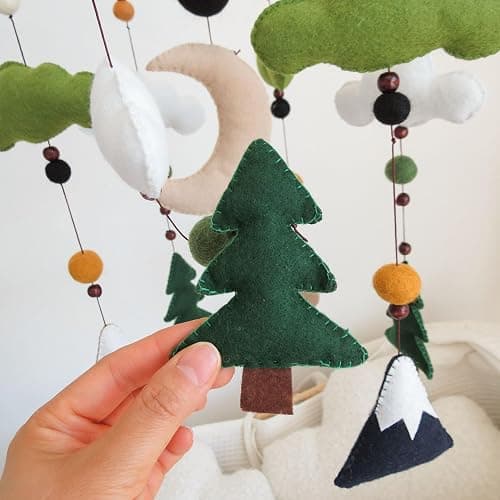 Woodland Baby Mobile for Crib - Felt Forest Nursery Decor for Boys & Girls - Hanging Mountain & Pine Tree Mobile with Moon and Clouds - Nature Theme Bedroom Decorations - Neutral Baby Shower Gift thumbnail 5