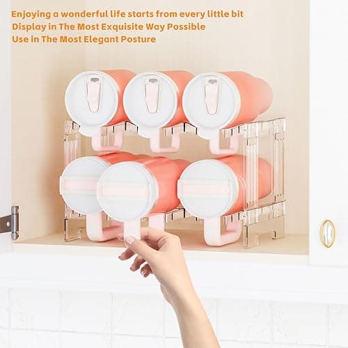 Yieach Large Stanley Cup Holder With Handle Groove,Stackable Tumbler and Water Bottle Organizer for Kitchen Cabinets,2 Tier Waterbottle and Cup Storage Organizer for 40 OZ Yeti,Owala,Yeti Storage thumbnail 2