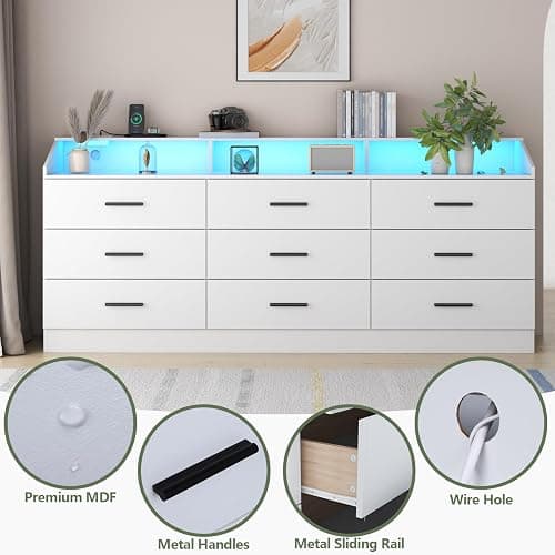 9 Drawers Dresser for Bedroom with Power Outlet,Modern Dresser w/ LED Light | Chest of Drawers, Dressers with Open Storage Cubby, Triple Wide Dressers Organizer for Living Room thumbnail 8