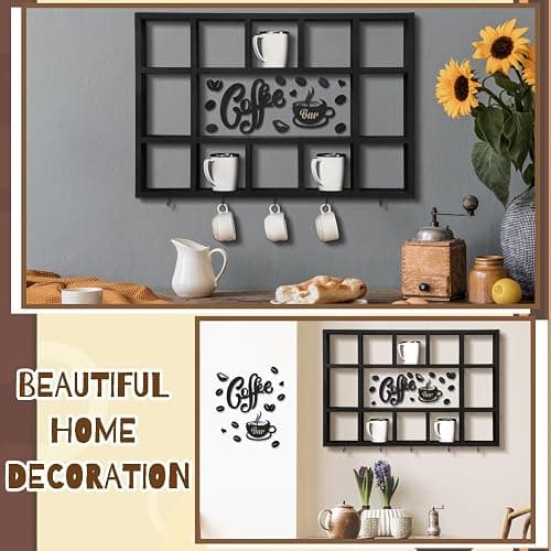 Cinnvoice Oversize Coffee Mug Display Shelf for Wall Wood Coffee Mug Rack Wall Mounted Shelf Cubes Cup Hooks Hanger with Bar Sign Decor for Kitchen Station Bar Accessories(Black) thumbnail 4