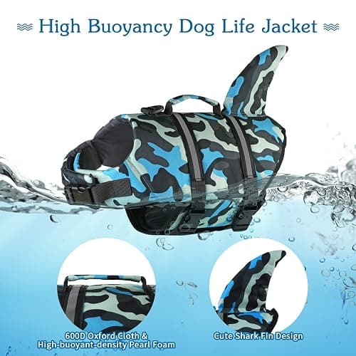 Dogcheer Dog Life Jacket Shark, Ripstop Dog Life Vest for Swimming Boating with Reflective Stripes & Rescue Handle, High Buoyancy Pet PFD Swim Vest for Small Medium Large Dogs - Camo Blue, XS thumbnail 4