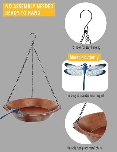 Keygift Hanging Bird Bath for Outdoor, Antique Copper Metal Bird Feeder Birdbath Bowl with 17” Rust-Proof Black Chains for Garden Backyard Decor thumbnail 4