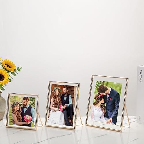 Gold Floating Picture Frames Set of 3, Metal Geometric Photo Frame with Glass Cover Includes(5x7'',4x6'', 5x5''),Tabletop Floating Picture Frames for Home Wedding Decoration,Gift for Christmas,Wedding thumbnail 4