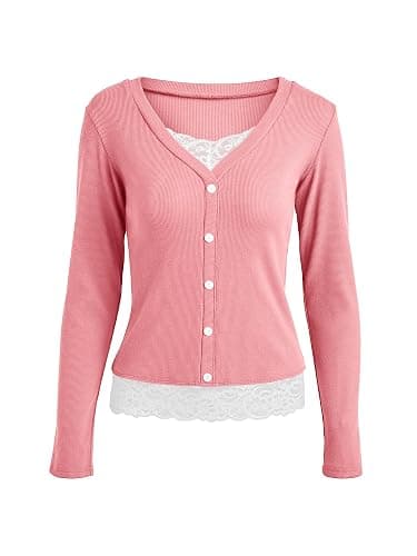 Womens Lace Long Sleeve Top Paneled Henley Shirts Y2k 2000s Fitted Going Out Tops Blouse thumbnail 6