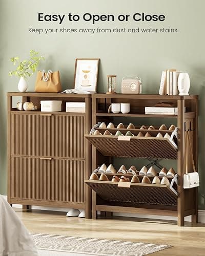 AOGLLATI Shoe Cabinet Storage,Narrow Fluted Shoe Rack Cabinet with 2 Flip Drawers, Wooden Freestanding Organizer with Open Storage Space for Entryway,Wood (Wood) - Wood thumbnail 6