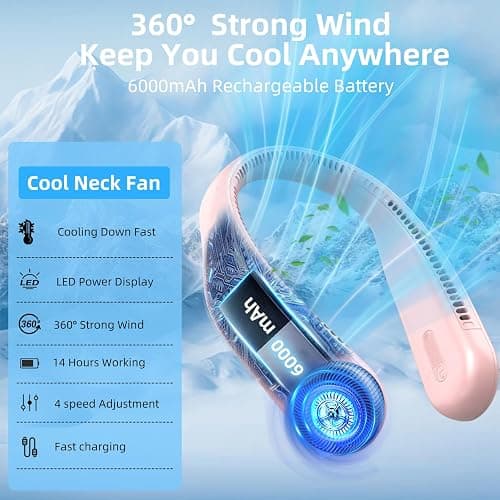 Portable Neck Fan,Hands Free Personal Wearable Bladeless Fan,6000mAh USB Rechargeable,360° Cooling,LED Display,4-Speeds,Birthday Gifts for Men Women Dad Mom,Fathers Day,Mothers Day Gifts (Pink) thumbnail 7