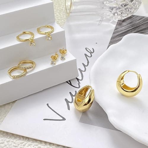 Bsoepnr 4 Pairs Gold Hoop Earrings Set for Women, Dainty 14K Gold Plated Small Huggie Stud Earrings Hypoallergenic Dangle Cartilage Huggie Hoop Earrings for Multiple Piercings thumbnail 4