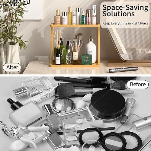 PEKER Bamboo Bathroom Organizer Countertop – Small Vanity Storage Shelf for Makeup, Perfume, Skincare – Natural Cosmetics Display Rack for Dresser, Sink, Kitchen – Natural thumbnail 5