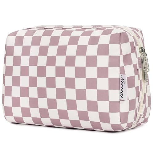 Narwey Checkered Makeup Bag Pink Travel Cosmetic Bag Organizer Toiletry Bag Make Up Bags with Compartments for Women Girls (Large, Dusty Rose Checkerboard) - Image 1