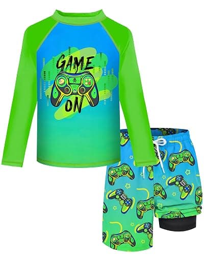 Boys Rash Guard Swim Set with Swim Trunks Bathing Suit Long Sleeve Swim Shirt Quick Dry Swimsuit Kids Swimwear Size 7-16 - Image 1