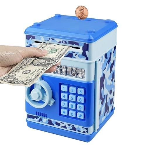 Suliper Electronic Piggy Bank Code Lock for Kids Baby Toy, Mini ATM Safe Coin Cash Banks Real Money Saving Box with Password, Auto Money Scroll for Children,Boys Girls Birthday Gift (Camo Blue) - Image 1