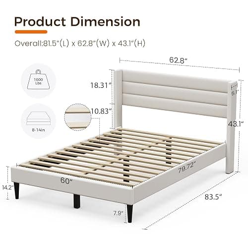 Casaottima Queen Bed Frame Upholstered Platform Bed with Wingback Headboard, Wooden Slats Support, Noise-Free Mattress Foundation, No Box Spring Needed, Easy Assembly, Horizontal Stripe Cream White thumbnail 2
