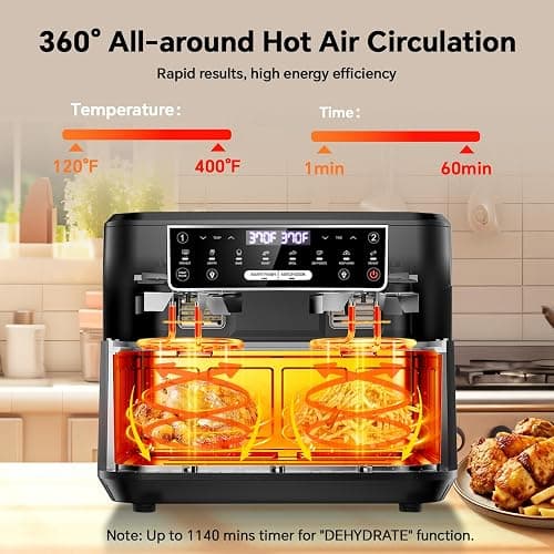 Emphsism 1600W Dual Zone Air Fryer Oven,12.69QT with Divider,Nonstick & Dishwasher-Safe Basket,Match Cook & Smart Finish to Roast,Recipes for Easy Cooking,Digital Touchscreen,Metal Sliver thumbnail 4