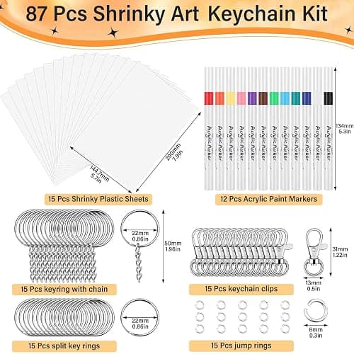 Flasoo 87 PCS Shrinky Plastic Sheets Kit, Including 15 Sheets Shrinky Art Paper, Acrylic Paint Markers, Keychains for Creative Crafts and Keychain Making thumbnail 2