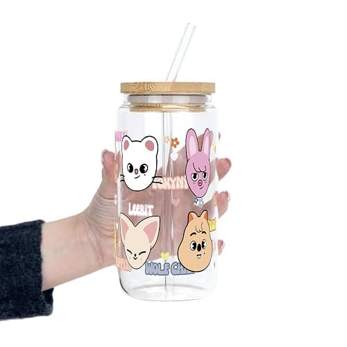Sip-Sip Hooray! Skzoo Kpop Glass Tumbler with Lid and Straw, 16oz Iced Coffee Cup, Stray Kids Merch, Reusable Glass Cup, Cute Soda Can Lids with Straw, Gift for Fans and Teens thumbnail 7