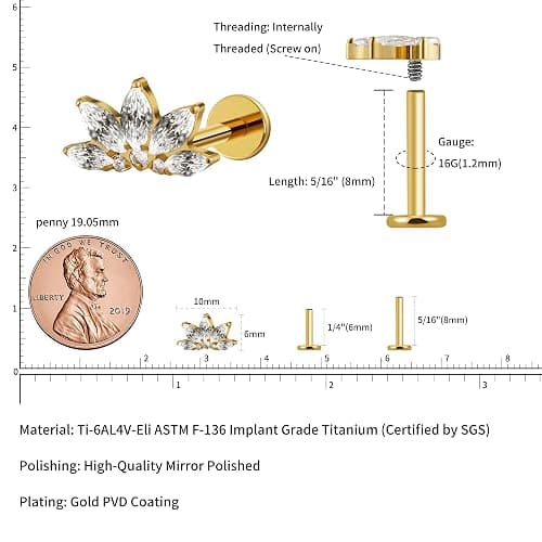 FINE4U 1PC ASTM F136 Titanium 16G Flatback Stud for Tragus, Helix, Conch 6mm 8mm - Screw on Cartilage Earring Piercing Jewelry thumbnail 2