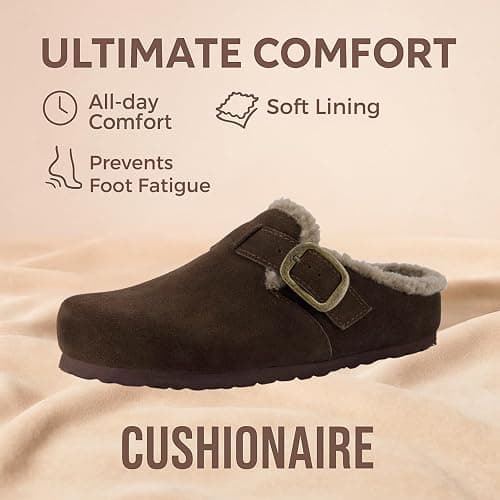 CUSHIONAIRE Haven Genuine Leather Clogs for Women – Faux Fur Lined Slip-On Womens Shoes with Cork Footbed and Adjustable Buckle thumbnail 3