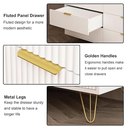 BAZELOR White 6 Drawer Dresser with Golden Handle, Fluted Wood Dressers, Modern Chest for Bedroom, Living Room, Hallway, Entryway thumbnail 6