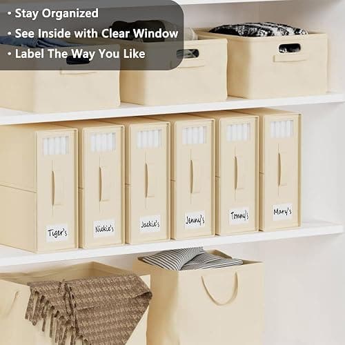 SheetCube Bed Sheet Organizers and Storage 6 Pack, Foldable Linen Closet Organizer with Window and Label, Bedding Folder Storage Box Container for Blanket, Duvet Cover Set, Bed Sheet Set - Beige thumbnail 4
