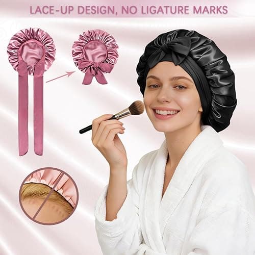 Silk Bonnet for Women, Satin Bonnet for Sleeping, Large Sleep Cap with Elastic Tie Band for Curly Hair thumbnail 3