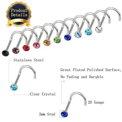 cnomg 20 pieces 316L Stainless Steel Rhinestone Nose Stud Rings Body Piercing- 10 Mixed Color 2.2 MM thumbnail 2