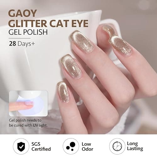 GAOY Champagne Glassy Cat Eye Gel Nail Polish, 16ml Glitter Holographic Nail Polish with Magnet, Reflective Translucent UV Gel, 2157 Fall Elegance thumbnail 4