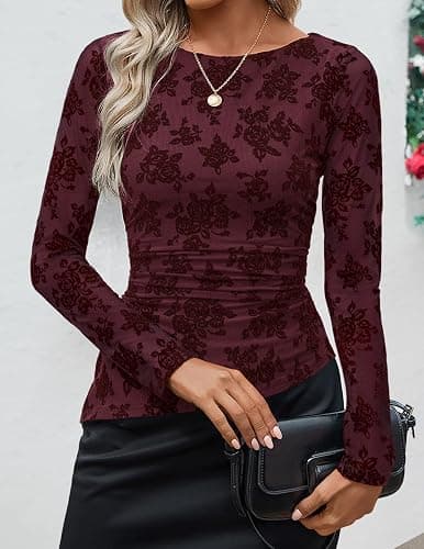 ZESICA Womens Floral Long Sleeve Shirts 2025 Fall Boat Neck Mesh Ruched Tops Fitted Asymmetrical Going Out Blouses thumbnail 2