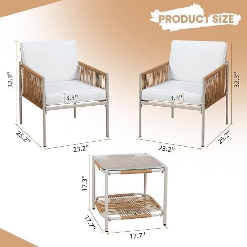 Shintenchi 3 Pieces Patio Furniture Set,Outdoor Patio Furniture Wicker Rattan Conversation Set,Including 2 Single Chairs with Cushion and Glass Coffee Table for Backyard,Balcony,Poolside(Beige) - 3 Pcs/Beige thumbnail 2