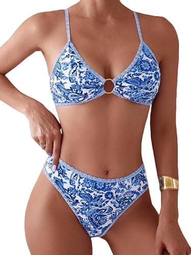 Tainehs Women's Two Piece Bikini Sets O Ring Front Top Ditsy Floral Triangle Swimsuits Cheeky Bathing Suit - Image 1