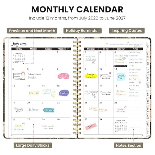 Planner 2026–2027, Academic Planner Weekly and Monthly Calendar Jul 2026 – Jun 2027 Hardcover Planner with Tabs and Pocket, Spiral Bound Agenda Book for Student & Teacher, 6.3" x 8.5", Wild Rose thumbnail 3