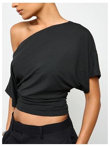 SweatyRocks Women's Off The Shoulder Crop Top Ruched Asymmetrical Dolman Short Sleeve Trendy Y2K T Shirt thumbnail 2