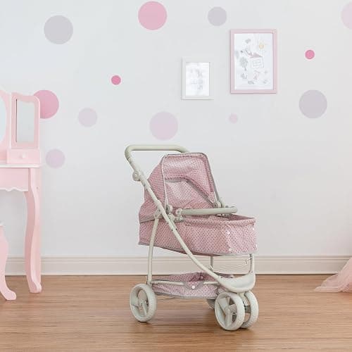 Olivia's Little World 2-in-1 Convertible Baby Doll Stroller with Retractable Canopy, All-Terrain Wheels, and Adjustable Handle, Cream and Pink with Gray Polka Dots thumbnail 5