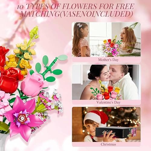 Flowers Bouquet Building Set, Pink Roses Flores Set for Adults, 765 PCS Botanical Collection Building Block Toy, Home Decor, Gifts for Valentine's Day, Birthday, Artificial Flowers for Women Kids 6+ thumbnail 5