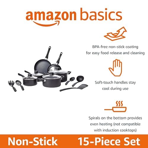 Amazon Basics Ceramic Non-Stick Cookware 15-Piece Set, Pots, Pans and Utensils, Black thumbnail 3