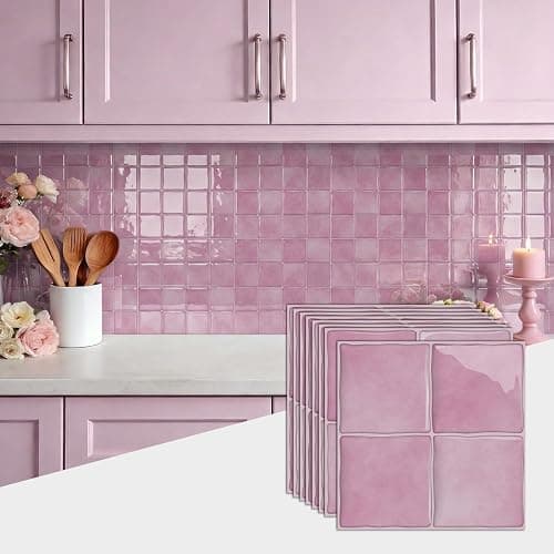 Alwayspon 15x15cmx10Stk 3D selbstklebende Wandfliesenaufkleber, Abzieh- und Aufklebefolie, wasserdichte Spritzschutzfliesenaufkleber zum Aufkleben für Küche, Badezimmer, Wand, Rosa thumbnail 5