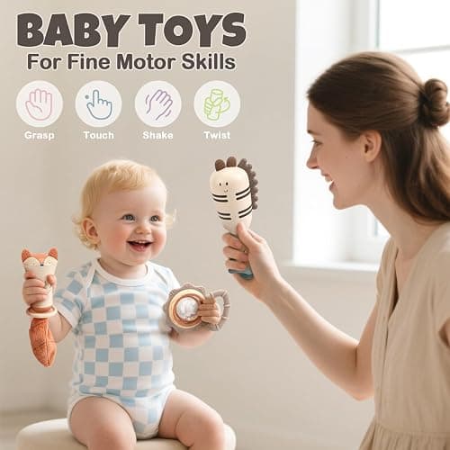 Baby Rattles & Teethers Set – Baby Toys 0-6 Months, Teething Toys 3-6 Months, Sensory Toys with Soft Textures, Gentle Sounds & Easy-Grip Shape, Neutral Newborn Gift（10-Pack） thumbnail 7